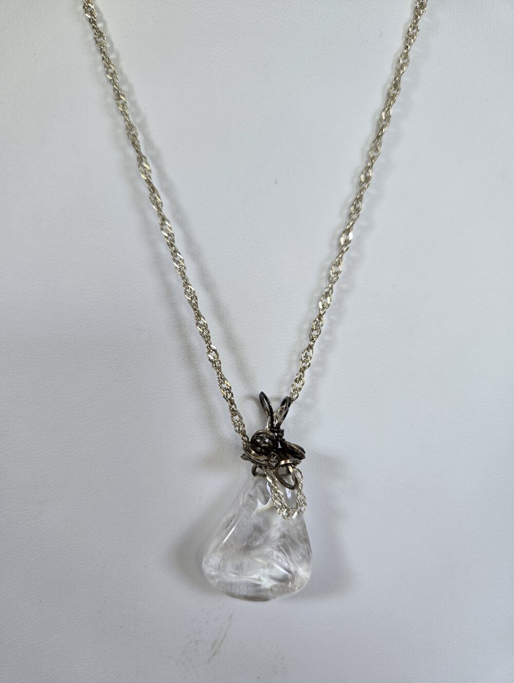 N-119-Silver Tone Crystal Pendant Necklace - Clear Teardrop